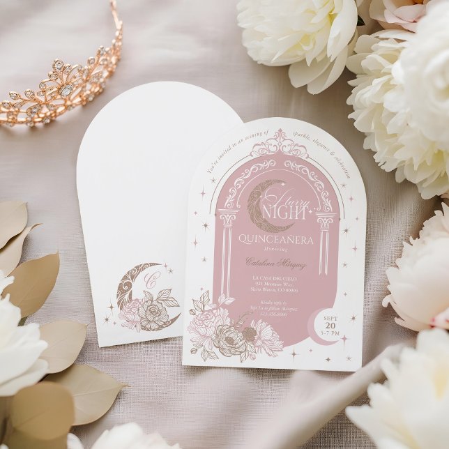 Invitación Elegant Pink Florals Moon Stars Tiara Quinceañera (Elegant Pink Florals Moon Stars Tiara Quinceañera Invitation)