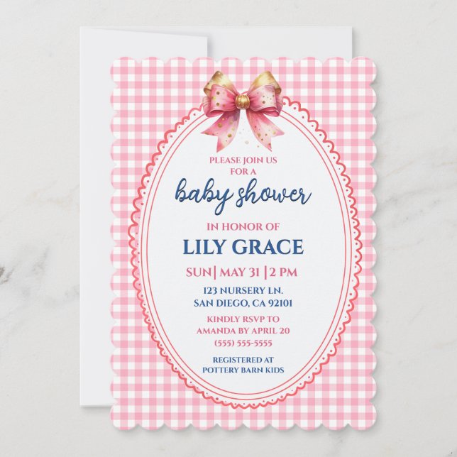 Invitación Elegant Pink Gingham & Bow Baby Shower Invitation (Anverso)