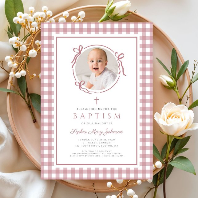 Invitación Elegant Pink Gingham Bow Photo Girl Baptism (Elegant Pink GIngham Bow Photo Girl Baptism Invitation)