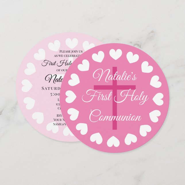 Invitación Elegant pink girl's first holy communion religious (Anverso / Reverso)