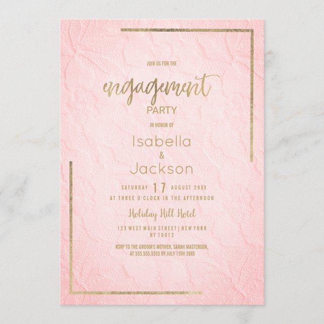 Invitación Elegant pink gold french floral lace Engagement  (Anverso)