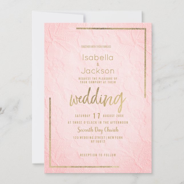Invitación Elegant pink gold french floral lace Wedding (Anverso)