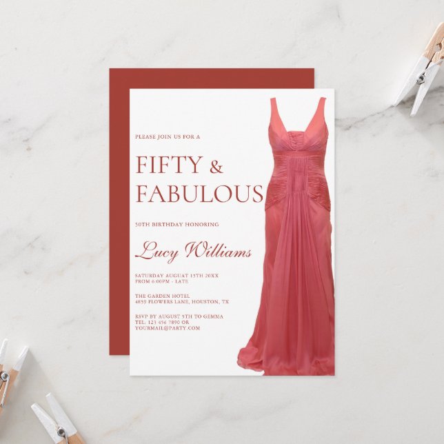 Invitación Elegant Pink Gown, 50th & Fabulous Birthday (Anverso/Reverso In Situ)