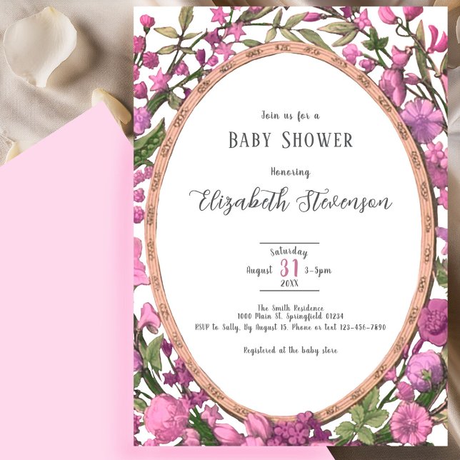 Invitación Elegant Pink Green Botanical Floral Baby Shower  (Subido por el creador)