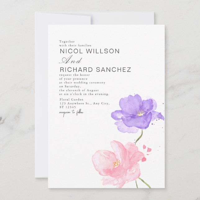 Invitación Elegant Pink & Lilac Floral Wedding  (Anverso)