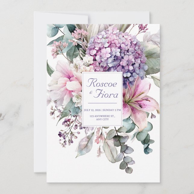Invitación Elegant Pink Lily Purple Hydrangea Watercolor (Anverso)