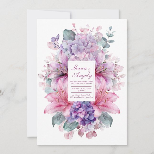Invitación Elegant Pink Lily Purple Hydrangea Watercolor (Anverso)