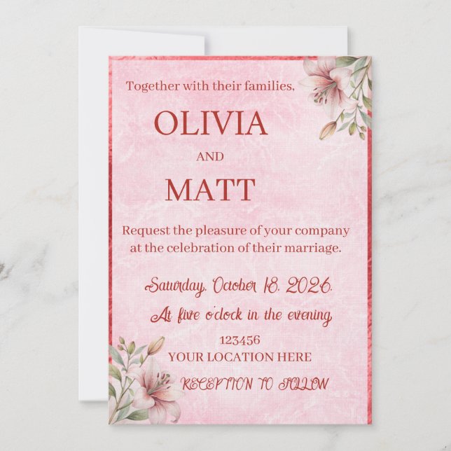 Invitación Elegant Pink Marble Watercolor (Anverso)
