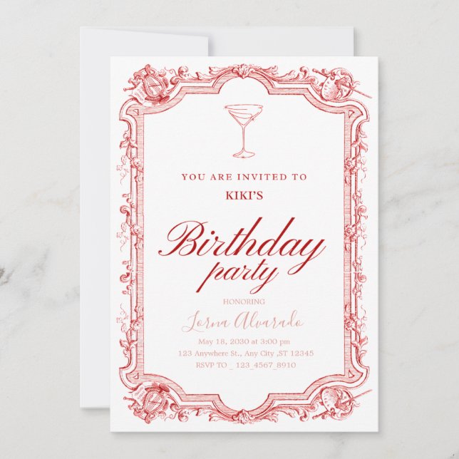 Invitación Elegant Pink Martini Chic Adult Birthday Party (Anverso)