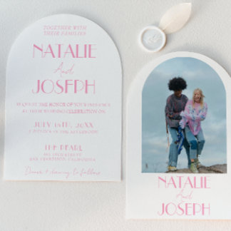 Invitación Elegant Pink Minimalist Wedding Photo Arched 