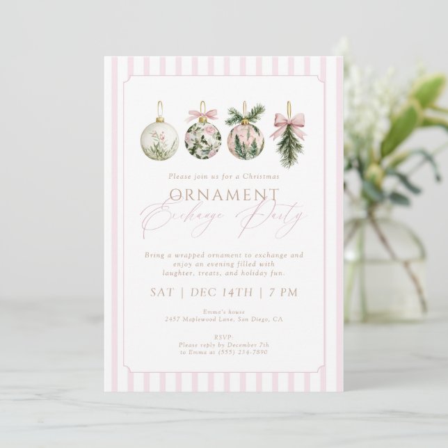 Invitación Elegant Pink Ornament Exchange Christmas Party (Anverso de pie)