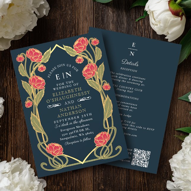 Invitación Elegant Pink Peony Art Nouveau QR Code Wedding (Subido por el creador)