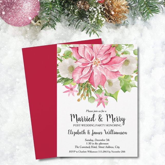 Invitación Elegant Pink Poinsettia Christmas Wedding Brunch (Elegant Pink Poinsettia Christmas Married & Merry Post-Wedding Brunch Invitations)