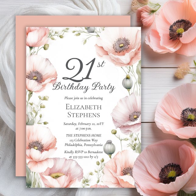 Invitación Elegant Pink Poppies Floral 21st Birthday Party (Boho Elegant Pale Pink Poppies Floral 21st Birthday Party Invitation - Print | Digital Download)