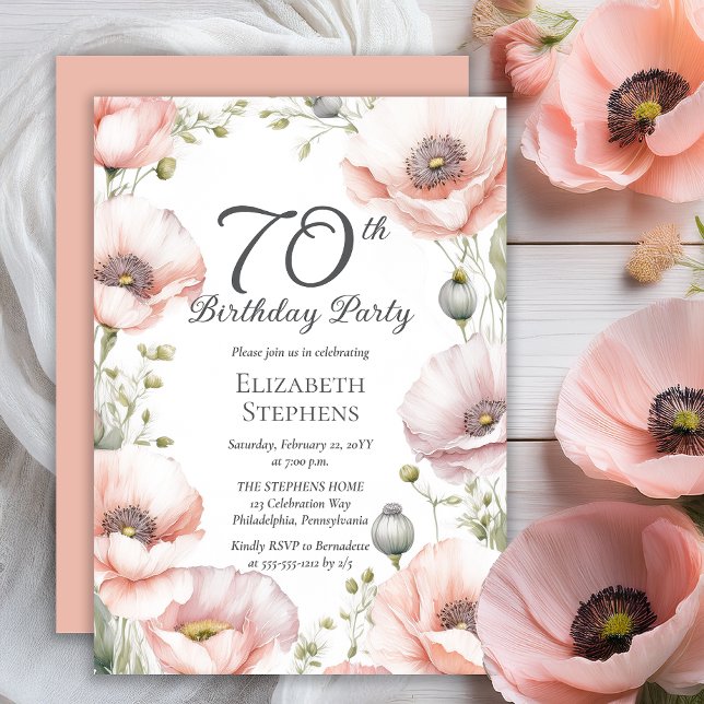 Invitación Elegant Pink Poppies Floral 70th Birthday Party (Boho Elegant Pale Pink Poppies Floral 70th Birthday Party Invitation - Print | Digital Download)