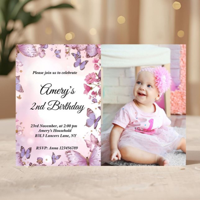 Invitación Elegant Pink Purple Butterfly Birthday Photo (Subido por el creador)