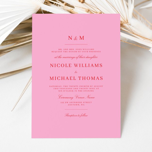 Invitación Elegant Pink Red Monogram Classic Wedding (Subido por el creador)