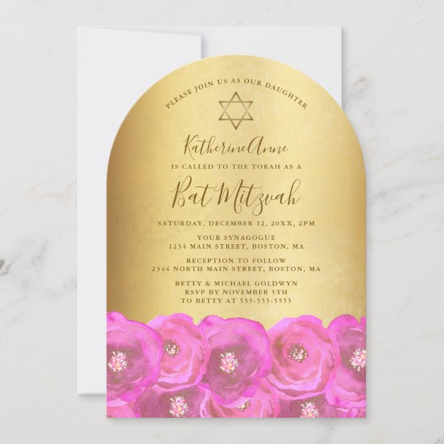 Invitación Elegant Pink Rose Floral Gold Bat Mitzvah (Anverso)