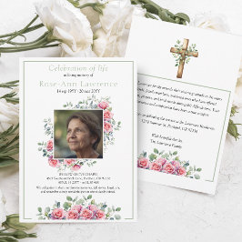 Invitación Elegant Pink Roses Eucalyptus Green Photo Funeral