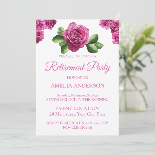 Invitación Elegant Pink Roses Floral retirement party  (Anverso de pie)