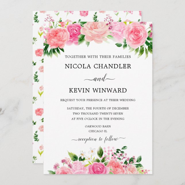 Invitación Elegant Pink Roses Floral Wedding (Anverso / Reverso)
