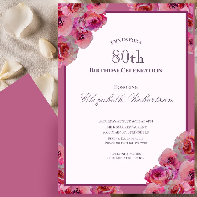 Invitación Elegant Pink Roses Women's 80th Birthday  (Subido por el creador)