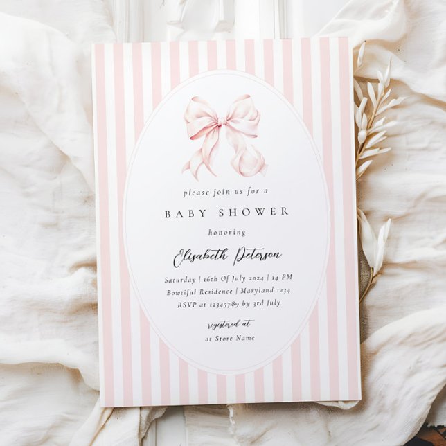 Invitación Elegant Pink Stripes Bow Baby Shower Baby Shower (Subido por el creador)