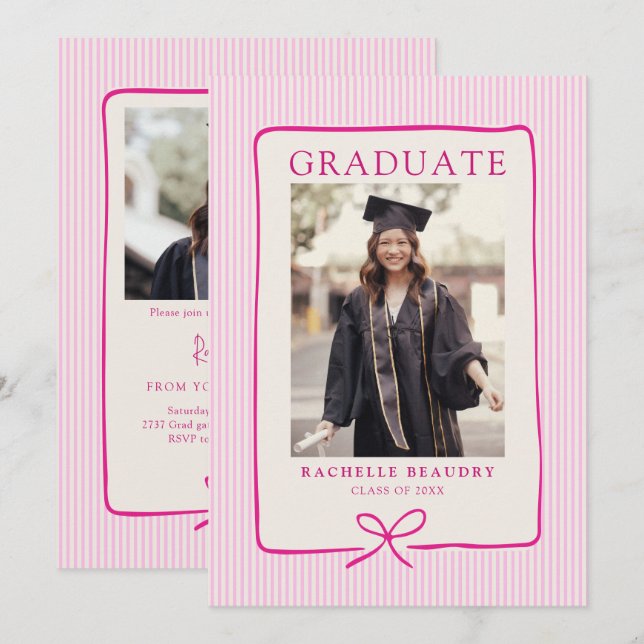 Invitación Elegant Pink Stripes Bow Frame Graduation Party (Anverso / Reverso)
