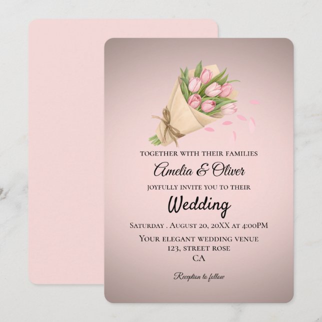 Invitación Elegant Pink Tulips Bouquet Wedding (Anverso / Reverso)
