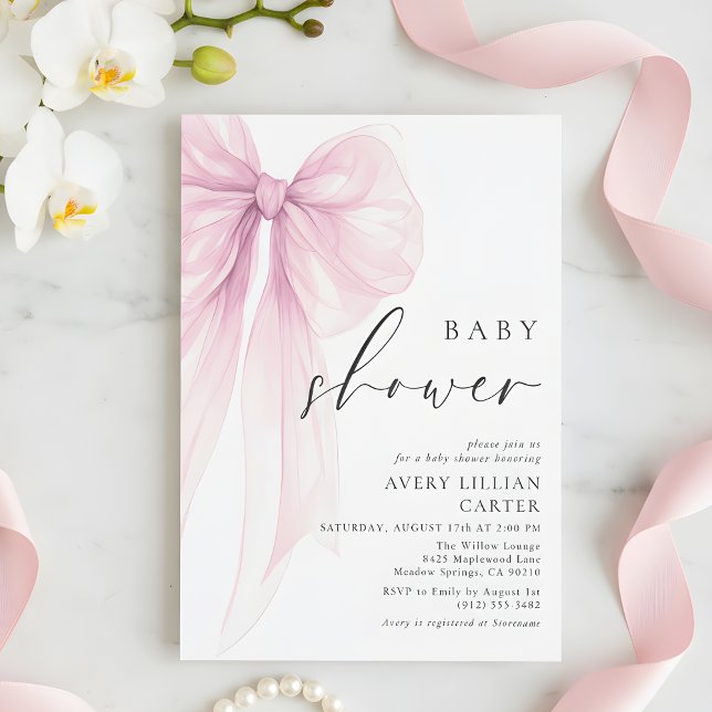 Invitación Elegant Pink Watercolor Bow Baby Shower (Subido por el creador)