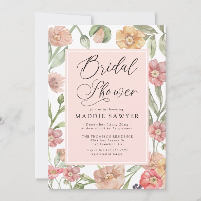 Invitación Elegant Pink Watercolor Floral Bridal Shower (Anverso)