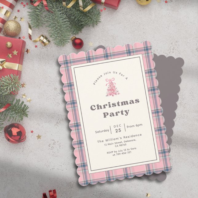 Invitación Elegant Pink Watercolor Tree Plaid Christmas Party (Elegant Pink Watercolor Tree Plaid Christmas Party Invitation)