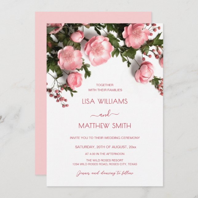 Invitación Elegant Pink White 3D Roses Wedding (Anverso / Reverso)