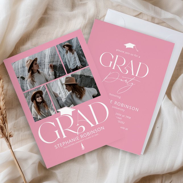 Invitación Elegant Pink & White 4 Photo Graduation Party (Subido por el creador)