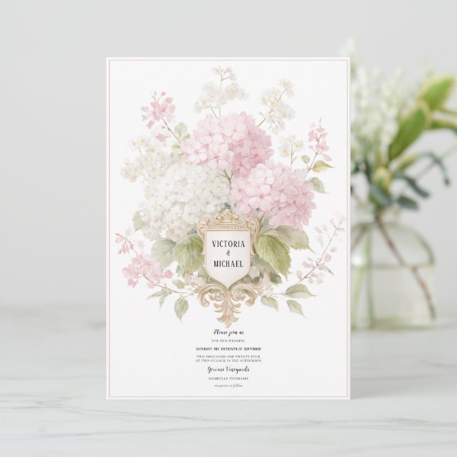 Invitación Elegant Pink & White Hydrangeas Gold Wedding (Anverso de pie)