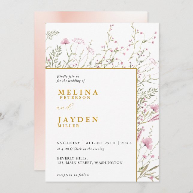 Invitación Elegant Pink Wild Floral Wedding  (Anverso / Reverso)