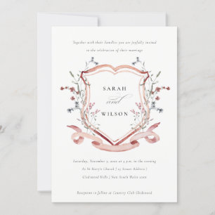 Invitación Elegant Pink Wildflower Watercolor Crest Wedding