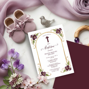 Invitación Elegant Plum Floral Gold Arch Baptism Celebration 