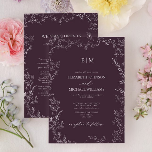 Invitación Elegant Plum Purple Leaf Monogram Details Wedding (Subido por el creador)