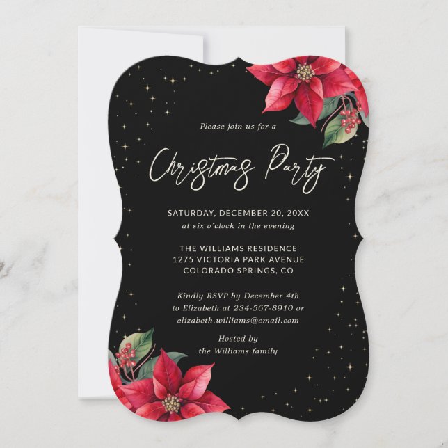 Invitación Elegant Poinsettia Black Christmas Party (Anverso)