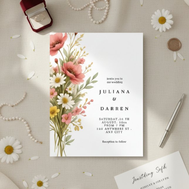 Invitación Elegant Poppy Daisy Bouquet Rustic Floral Wedding  (Subido por el creador)