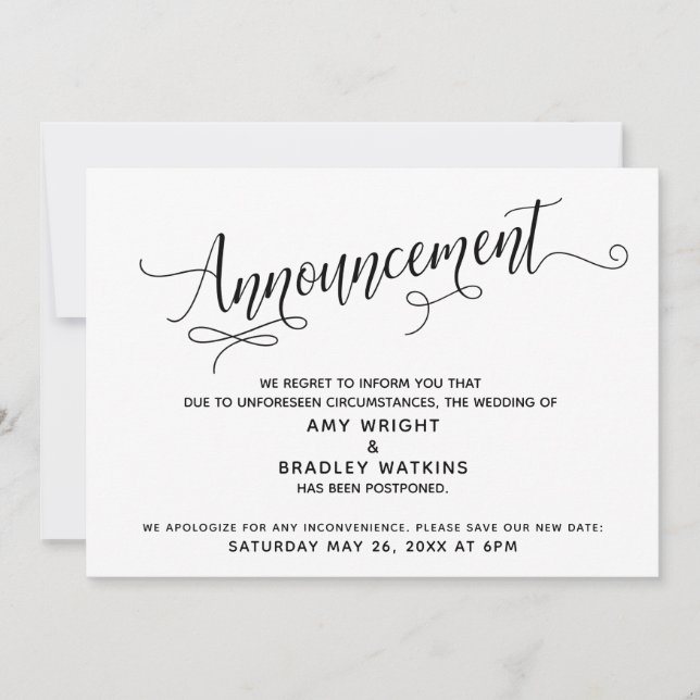 Invitación Elegant Postponed Wedding Announcement Card (Anverso)