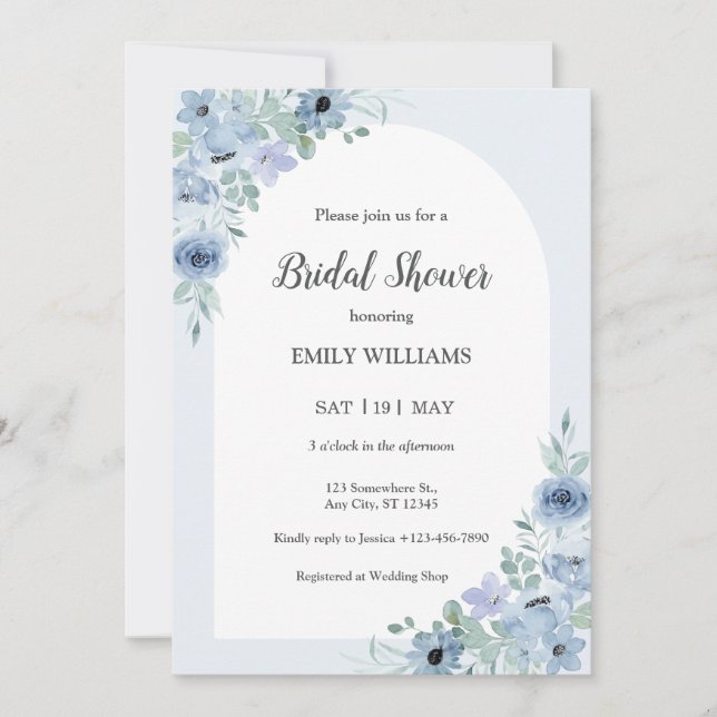 Invitación Elegant Powder Blue Flowers Bridal Shower (Anverso)