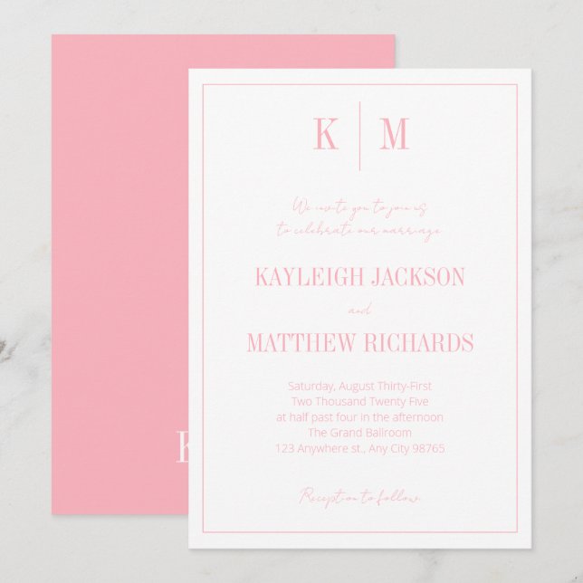 Invitación Elegant Powder Pink Monogram Wedding  (Anverso / Reverso)