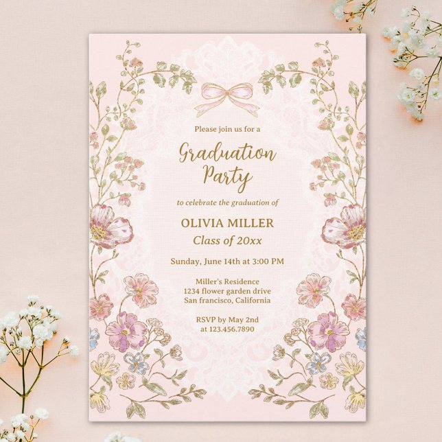 Invitación Elegant Pretty Vintage Floral Graduation Party (Subido por el creador)