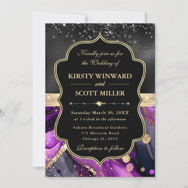 Invitación Elegant Purple Agate Black Glitter Wedding (Anverso)