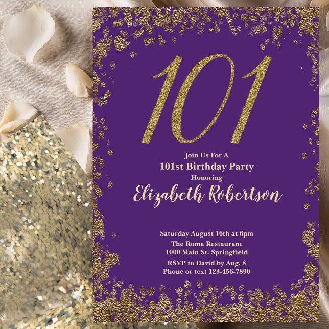 Invitación Elegant Purple and Gold 101st Birthday (Subido por el creador)