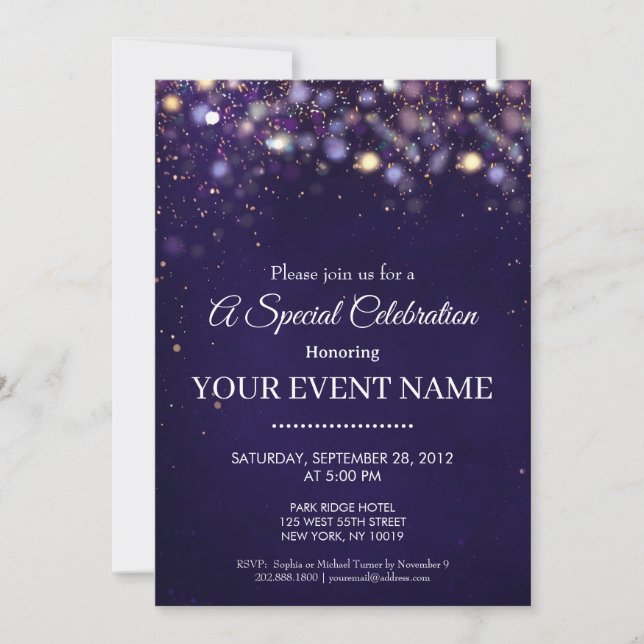 Invitación Elegant Purple and Gold Bokeh Lights Celebration (Anverso)