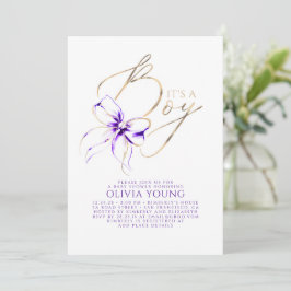 Invitación Elegant Purple and Gold Bow Boy Baby Shower