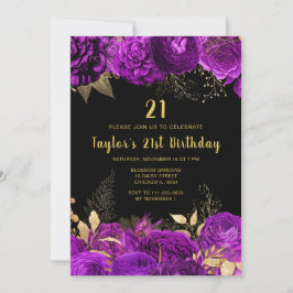 Invitación Elegant Purple and Gold Flowers Birthday Party